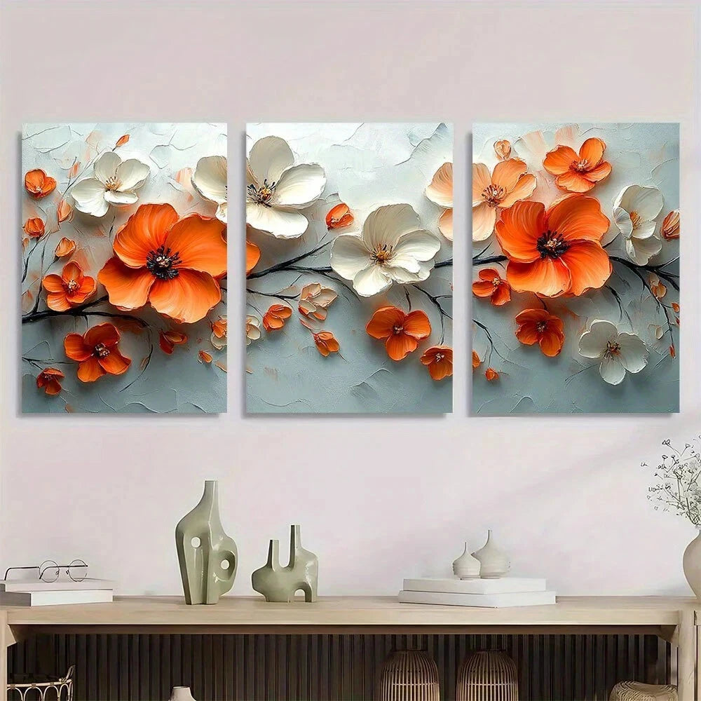 3pcs Vibrant Floral Abstract Orange White Flowers Metal Print Ready to Hang Art