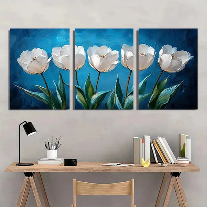 3pcs Elegant White Tulips Blue Background Floral Metal Print Ready to Hang Art
