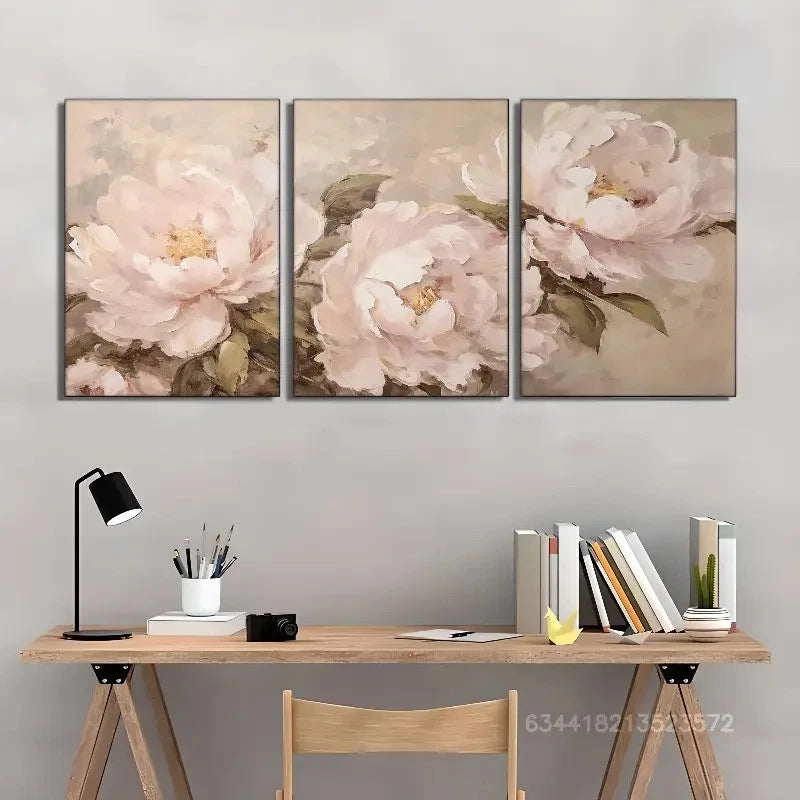 3pcs Pink & White Flowers with Green Leaves Metal Print Ready to Hang Art