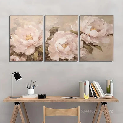3pcs Pink & White Flowers with Green Leaves Metal Print Ready to Hang Art