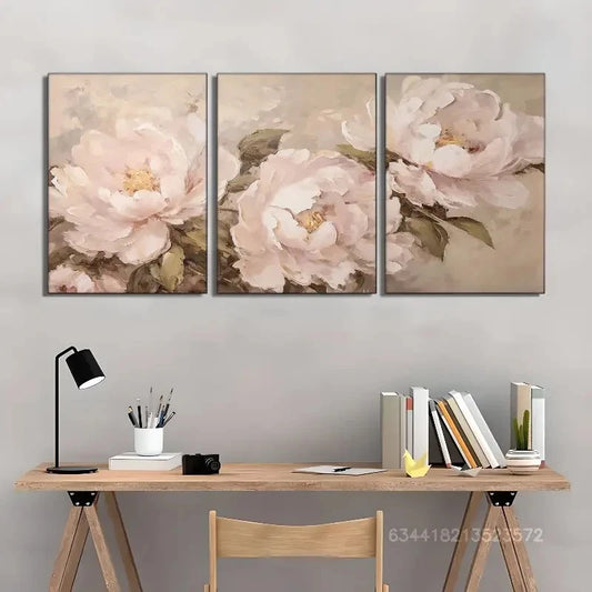 3pcs Pink & White Flowers with Green Leaves Metal Print Ready to Hang Art