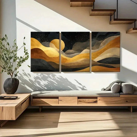 3pcs Night Sky Abstract Landscape Art Golden Moon Metal Print Ready to Hang Art