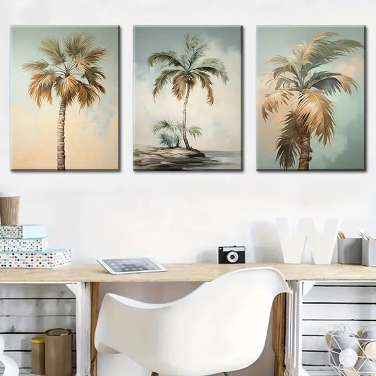 3pcs Featuring Seaside Coconut Trees, Beaches Metal Print Ready to Hang Art