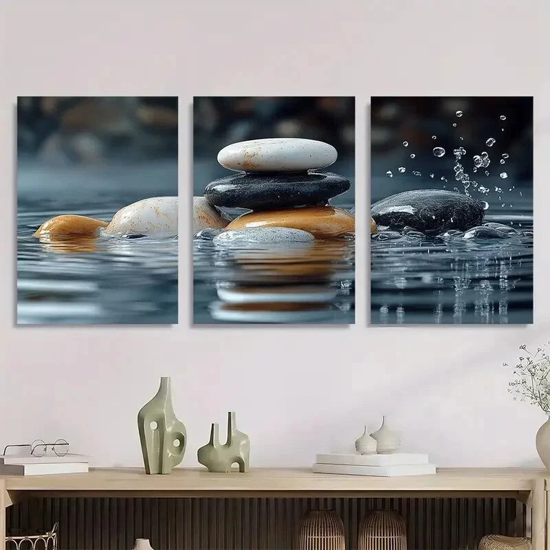 3pcs White for Lotus Black Zen Stones Metal Print Ready to Hang Art