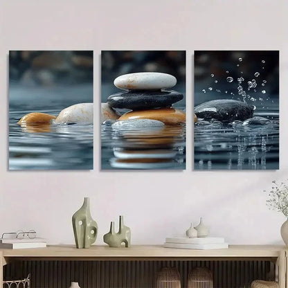 3pcs White for Lotus Black Zen Stones Metal Print Ready to Hang Art