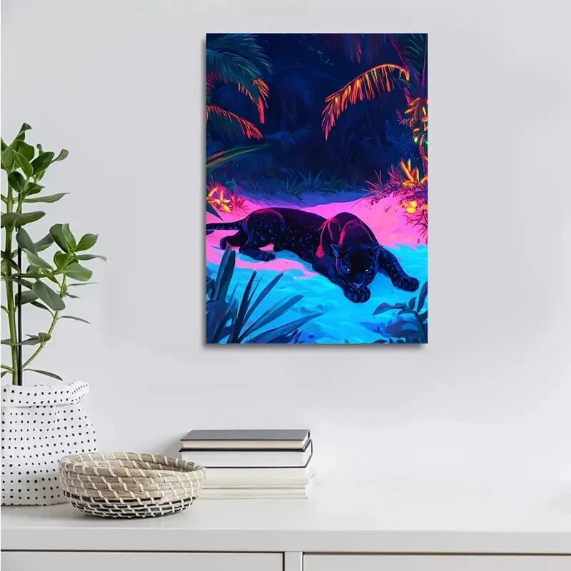 Tropical Beach Scene with Black Panther Painting 40x60cm Metal Print Ready to Hang