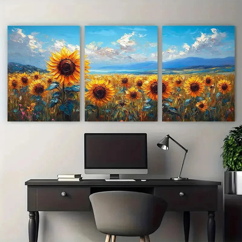 3pcs Sunflowers Fields Painting Floral Design Metal Print Ready to Hang Art