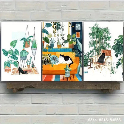 3pcs Cat and Plant Art Decoration Poster Metal Print Ready to Hang Art