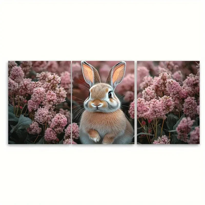 3pcs Pink Floral Bunny Illustration Wall Art Set Canvas Framed 50x70cm - High Quality Print 100% Australian Made Wall Canvas Ready to Hang