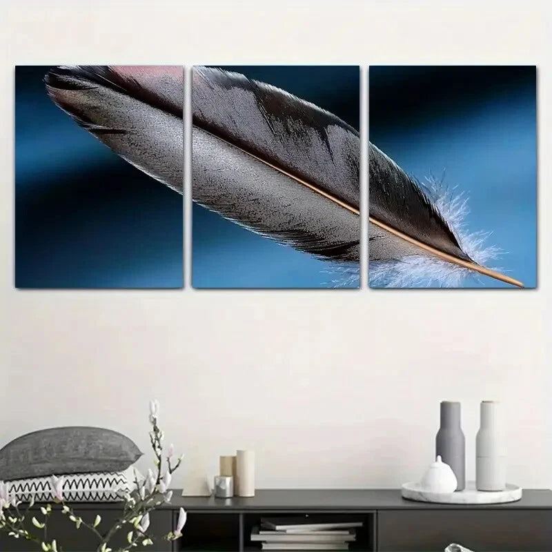 3pcs Featuring Feathers On A Blue Metal Print Ready to Hang Art