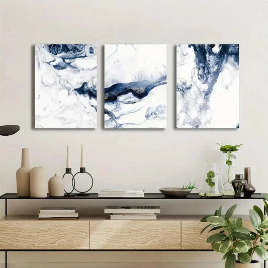 3pcs Abstract Navy Blue & White Ocean Art Metal Print Ready to Hang Art