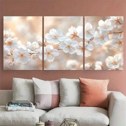 3pcs Ethereal White Cherry Blossom Floral Design Metal Print Ready to Hang Art