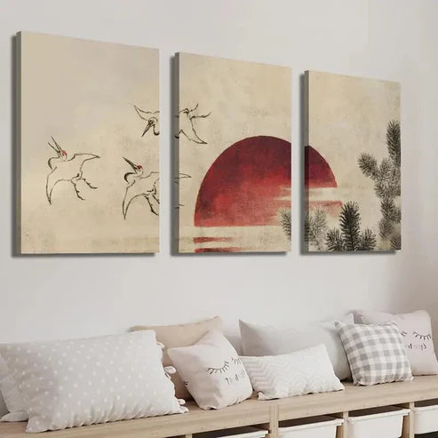 3pcs Vintage Japanese Crane Bird And Sunset Wall Art Set Canvas Unframed - High Quality Print 100% Australian Made Wall Canvas