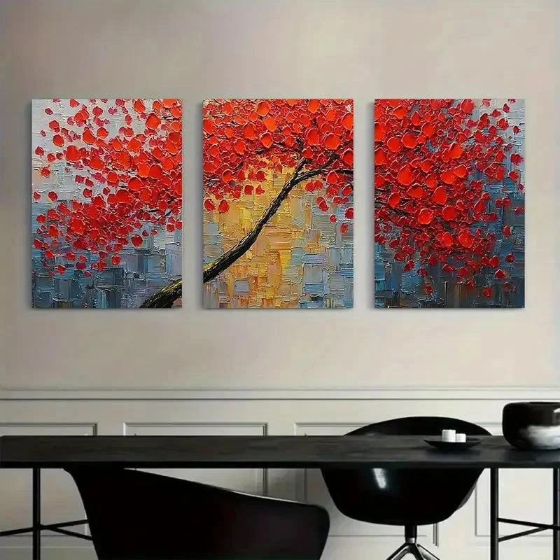 3pcs Featuring Red Leaves Retro Art Paintings Metal Print Ready to Hang Art