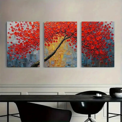 3pcs Featuring Red Leaves Retro Art Paintings Metal Print Ready to Hang Art