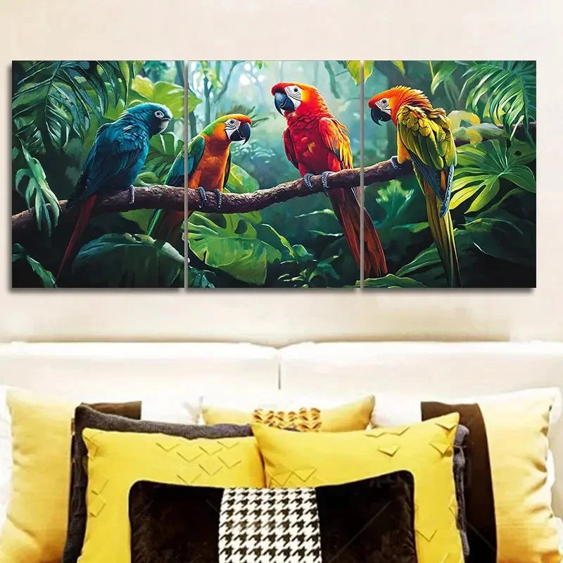 3pcs Colorful Macaws Perched in Tropical Jungle Wall Art Set Canvas Framed 50x70cm - High Quality Print 100% Australian Made Wall Canvas Ready to Hang
