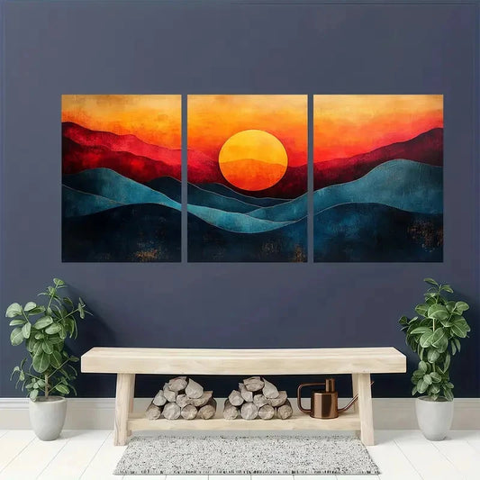 3pcs Modern Abstract Sunset Geometric Perfect Wall Art Set Canvas Framed 40x60cm - High Quality Print 100% Australian Made Wall Canvas Ready to Hang