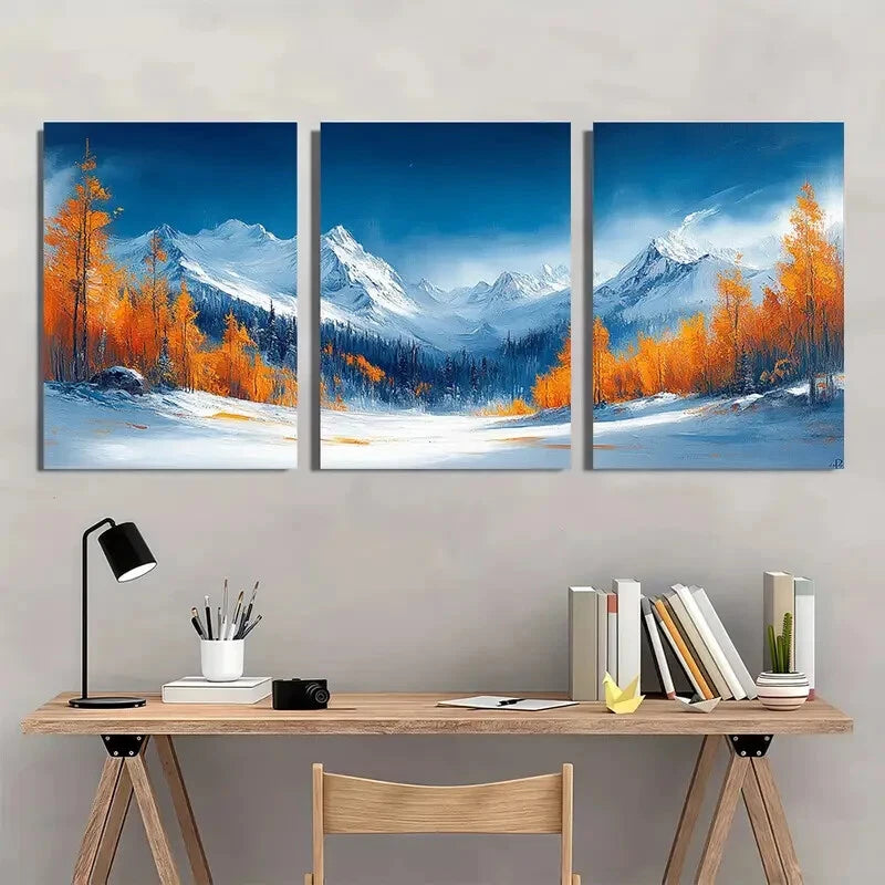 3pcs Winter Mountain Landscape Oil Paintings Metal Print Ready to Hang Art