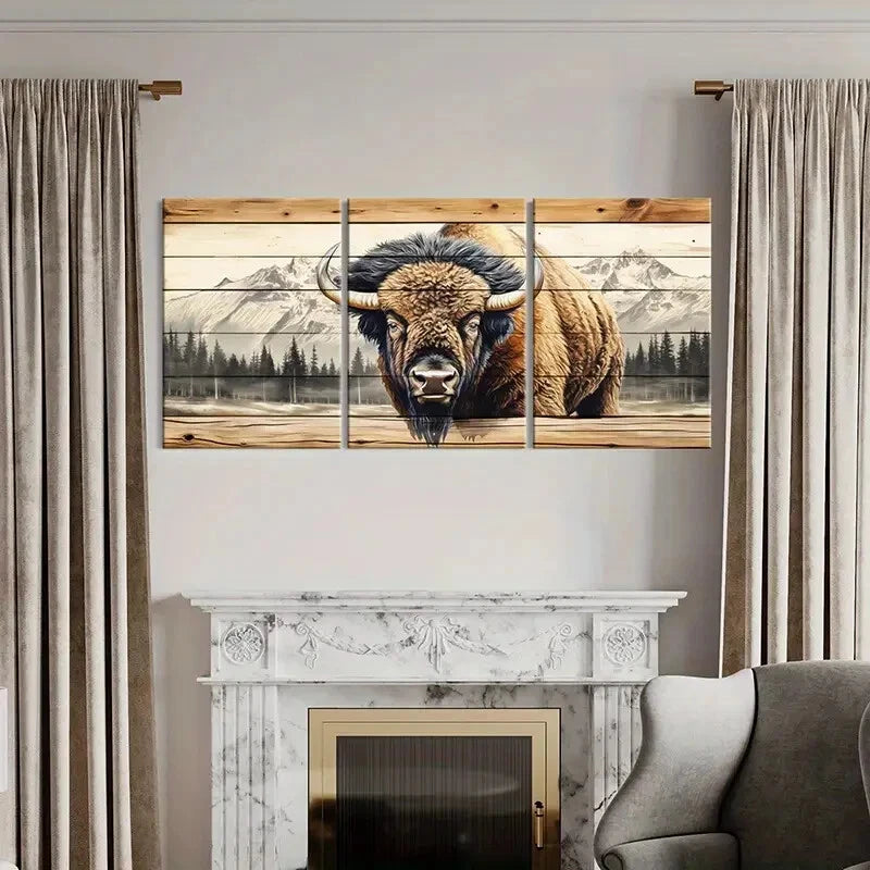 3pcs Rustic Buffalo Mountain Nature Landscape Metal Print Ready to Hang Art