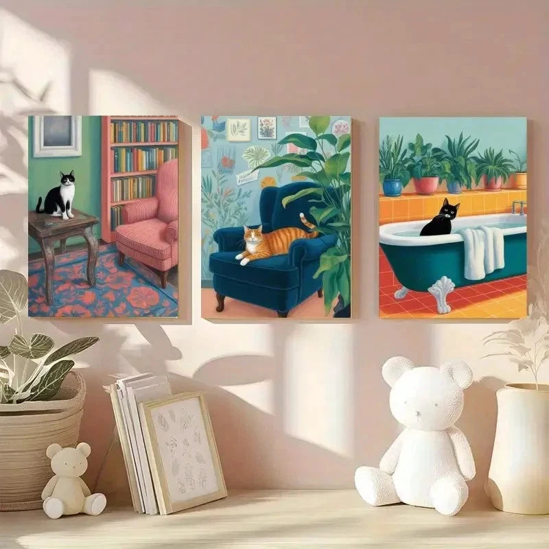 3pcs Bookshelf Armchair Bathtub Houseplants Cat Metal Print Ready to Hang Art
