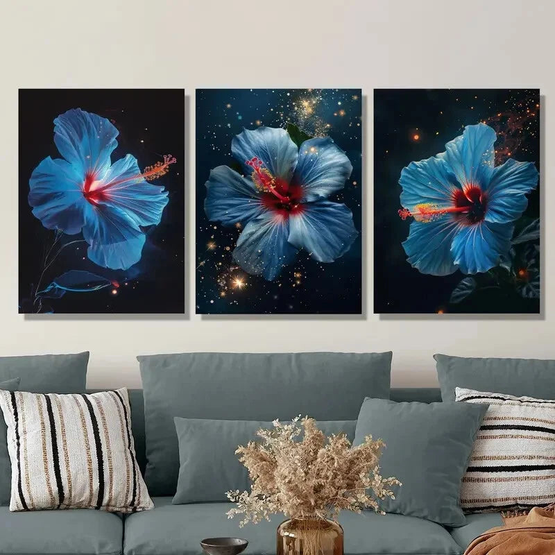 3pcs Hibiscus Flower Starry Night & Floral Accents  Metal Print Ready to Hang Art