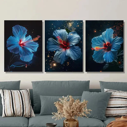 3pcs Hibiscus Flower Starry Night & Floral Accents  Metal Print Ready to Hang Art
