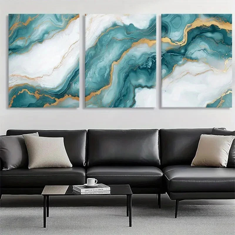 3pcs Teal and Golden Abstract Fluid Metal Print Ready to Hang Art