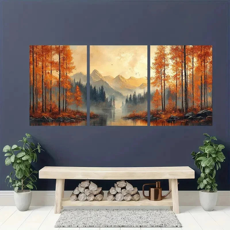 3pcs Vintage Autumn Mountain Landscape Scene Metal Print Ready to Hang Art