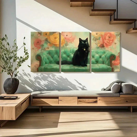 3pcs Elegant Black Cat Green Eyes Vintage Sofa Metal Print Ready to Hang Art