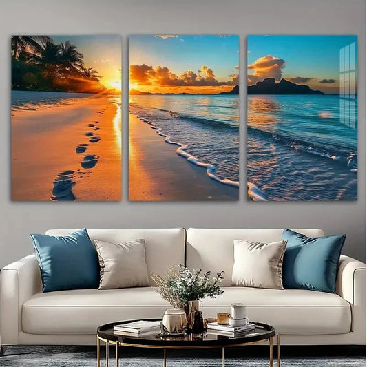 3pcs Tropical Beach Sunset Beautiful Scenery Metal Print Ready to Hang Art