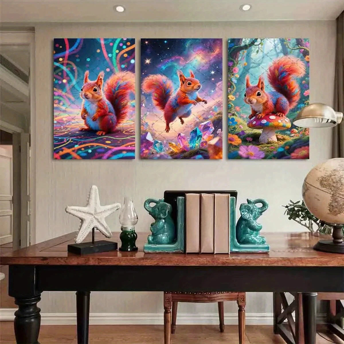 3pcs Colorful Mushrooms & Starry Night Squirrel Metal Print Ready to Hang Art