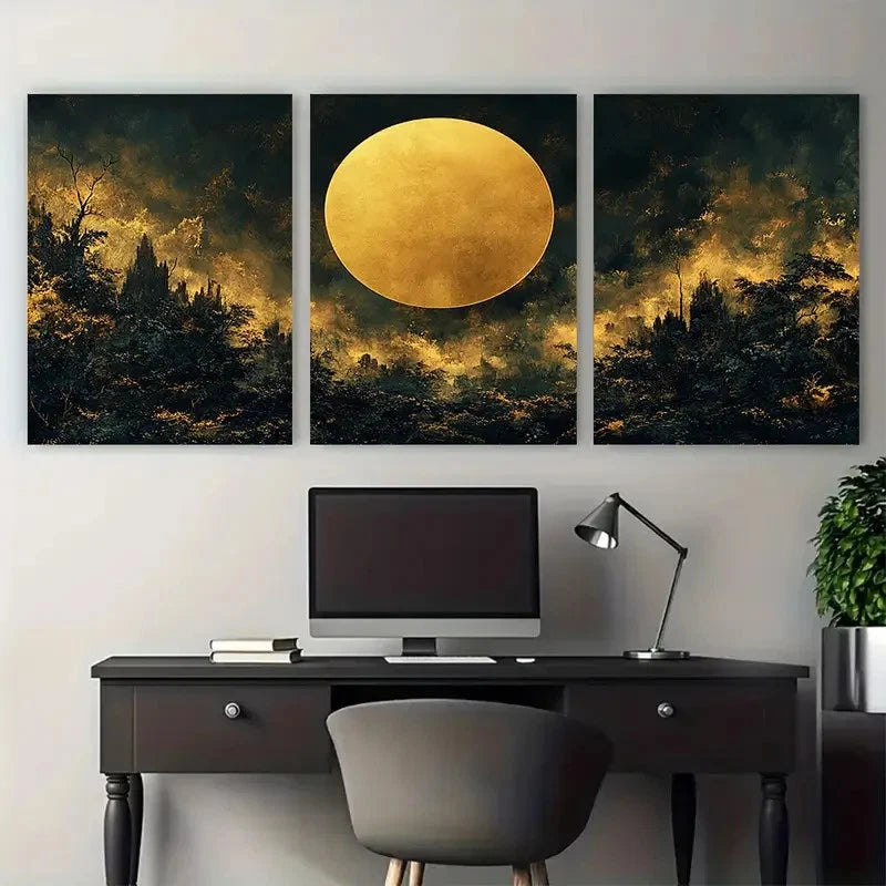 3pcs Abstract Golden Circle with Dark Floral Shape Metal Print Ready to Hang Art