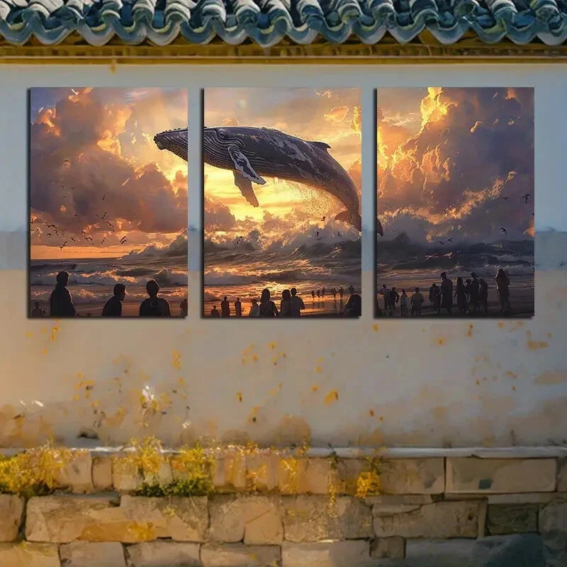 3pcs Massive Whale Surging Sea Illustration Metal Print Ready to Hang Art