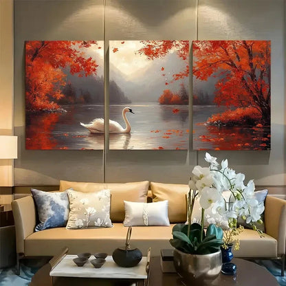 3pcs Swan with Calming Lake Maple Leaf Metal Print Ready to Hang Art
