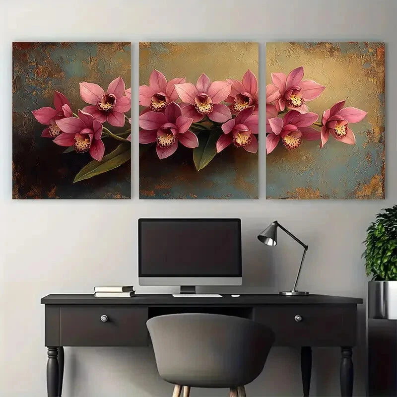 3pcs Vintage Orchid Flowers Rustic Illustration Metal Print Ready to Hang Art