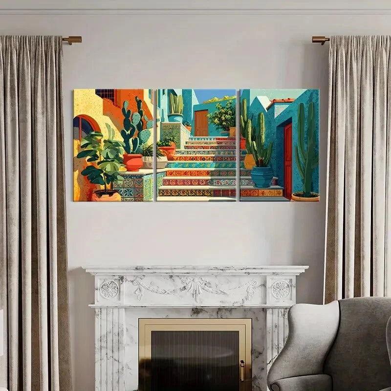 3pcs Vibrant Mediterranean Staircase Art Metal Print Ready to Hang Art