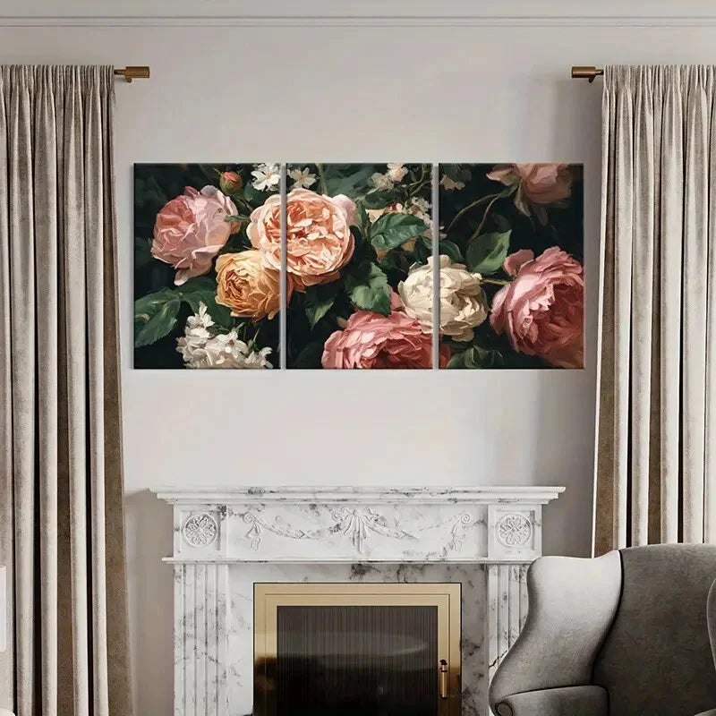 3pcs Elegant Rose Bouquet Floral Art Metal Print Ready to Hang Art