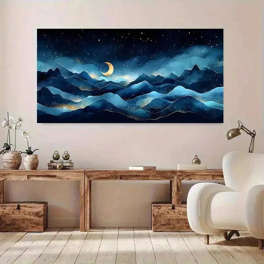 Night Sky Gold Starry Moon wall canvas office home room framed 120x60cm - Bella Home Decor