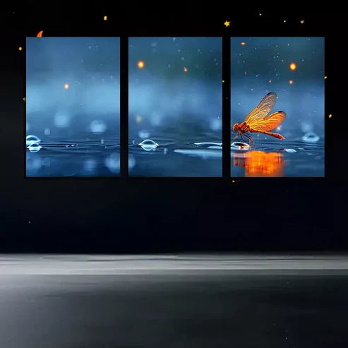 3pcs Dragonfly Over A Puddle Of Water Canvas Framed 60x90cm - High Quality Print 100% Australian Made Wall Canvas Ready to Hang