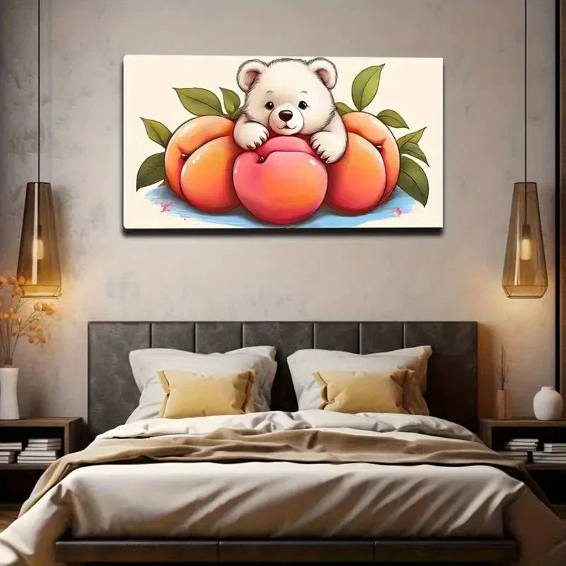 Charming Bear & Peach Wall Art Canvas Office Home Room Framed 120x60cm