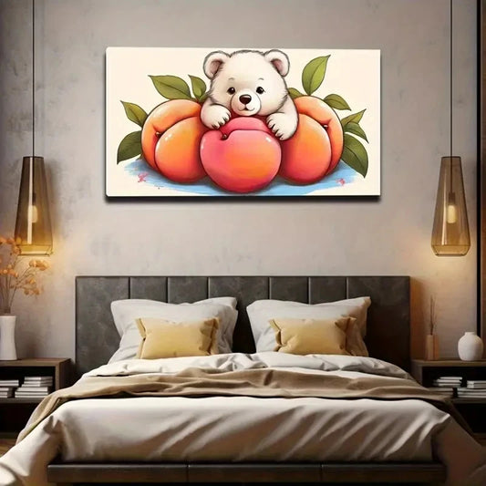 Charming Bear & Peach Wall Art Canvas Office Home Room Framed 120x60cm