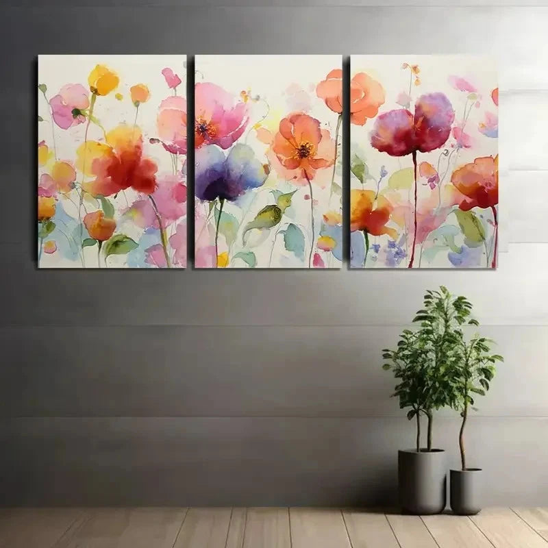 3pcs Watercolor of Colorful Flowers Modern Art Metal Print Ready to Hang Art