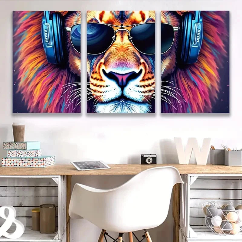 3pcs Lion with Headphones & Fashion Glasses I Wall Art Set Canvas Framed 50x70cm - High Quality Print 100% Australian Made Wall Canvas Ready to Hang