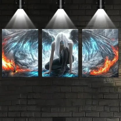 3pcs Mystical Blue & Golden Winged Figure Metal Print Ready to Hang Art