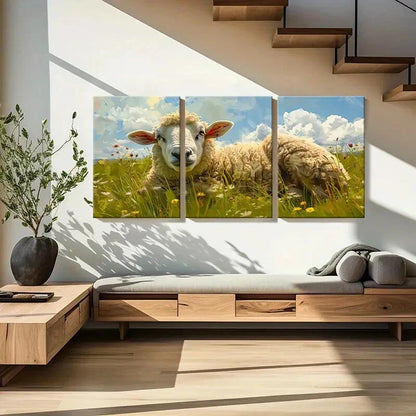 3pcs Pastoral Sheep Vibrant Wildflowers Metal Print Ready to Hang Art