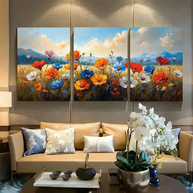 3pcs Vibrant Floral Meadow with Serene Sky Design Metal Print Ready to Hang Art