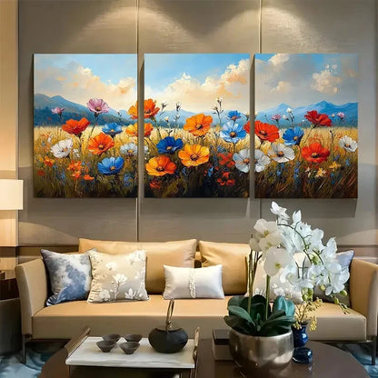 3pcs Vibrant Floral Meadow with Serene Sky Design Metal Print Ready to Hang Art