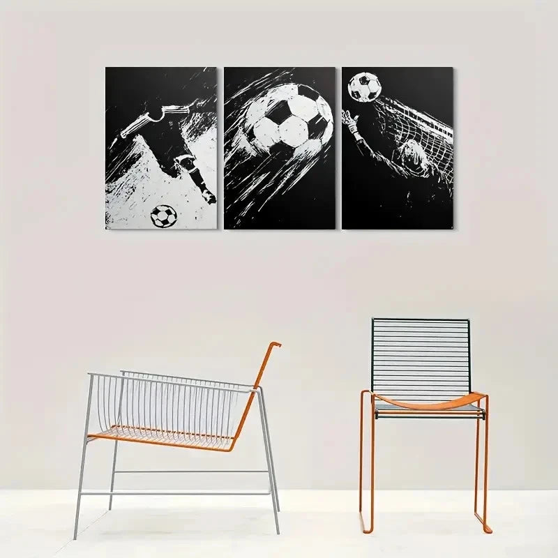3pcs Black & White Soccer Dynamic Football Metal Print Ready to Hang Art