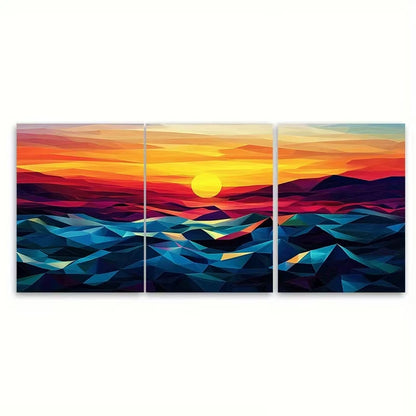3pcs Abstract Sunset Horizon, Colorful Waves Metal Print Ready to Hang Art