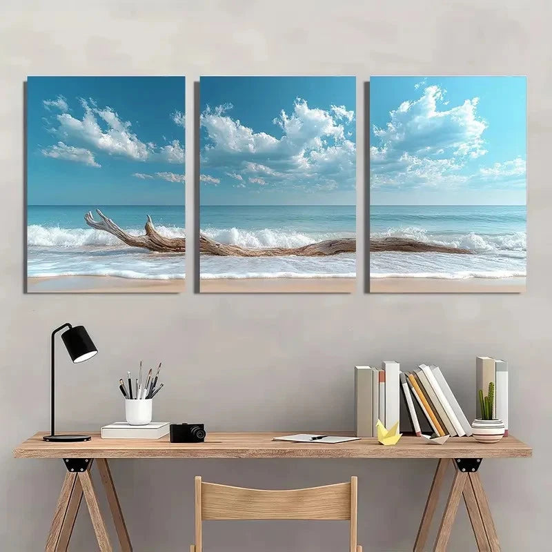 3pcs Bright Blue Sky and Ocean Waves Wall Art Set Canvas Framed 40x60cm - High Quality Print 100% Australian Made Wall Canvas Ready to Hang